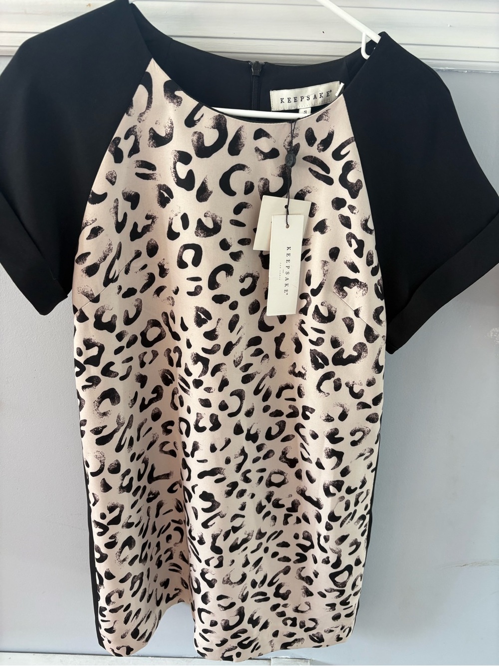 KEEPSAKE the Label Blush Leopard Print Shift Dress with Black Sleeves